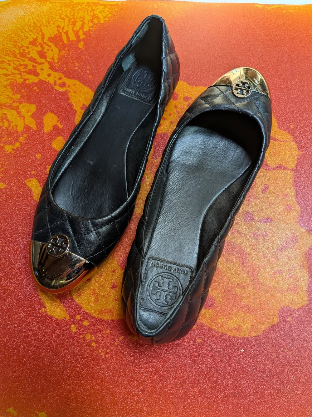 Tory Burch Black Quilted Leather Cap-Toe Ballet Flats with Gold Logo